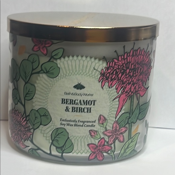 Bath & Body Works Bergamot & Birch Soy Candle with Pink and Green Floral Design - Picture 1 of 7